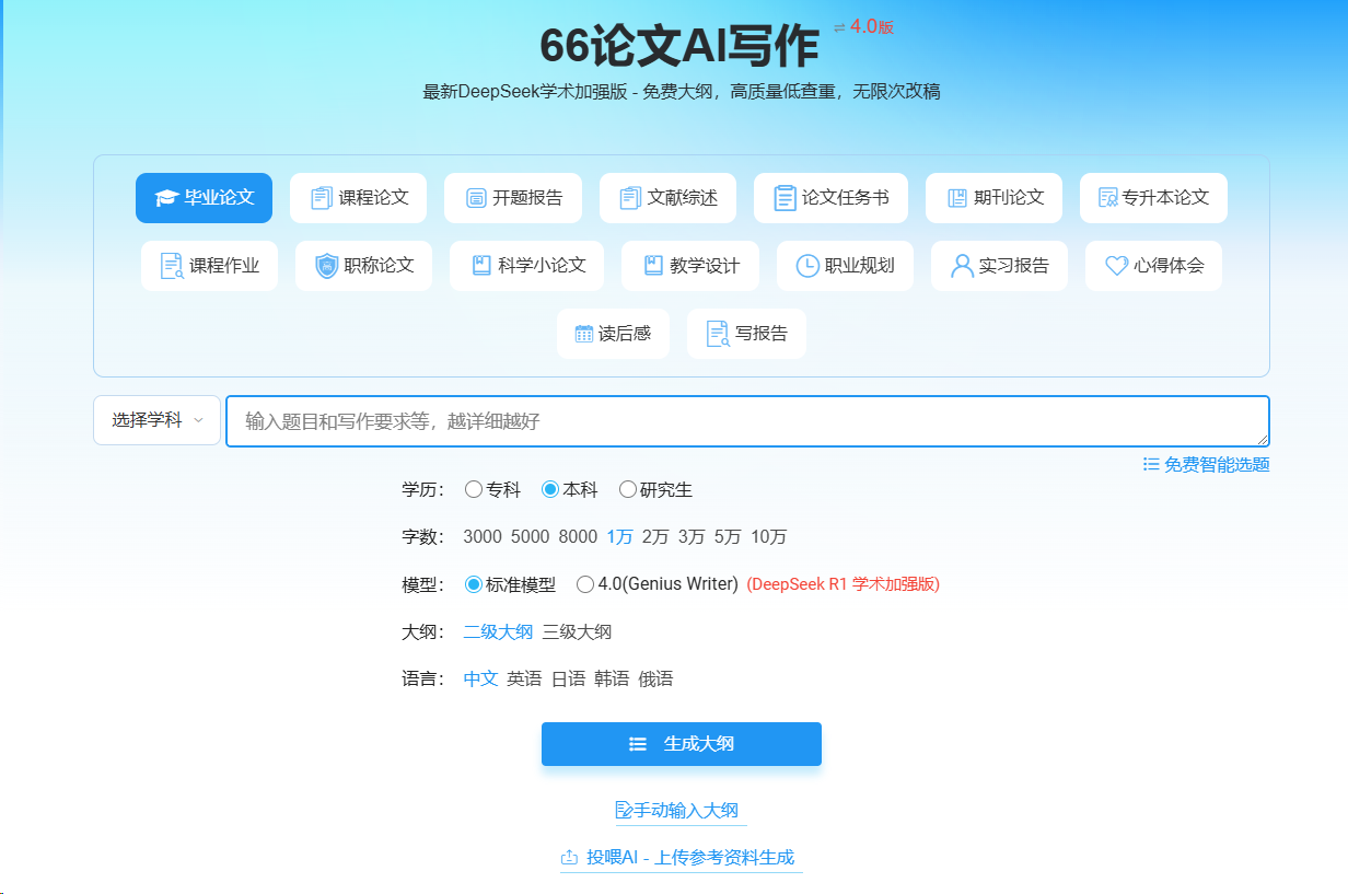 免费论文大纲生成神器-66论文AI