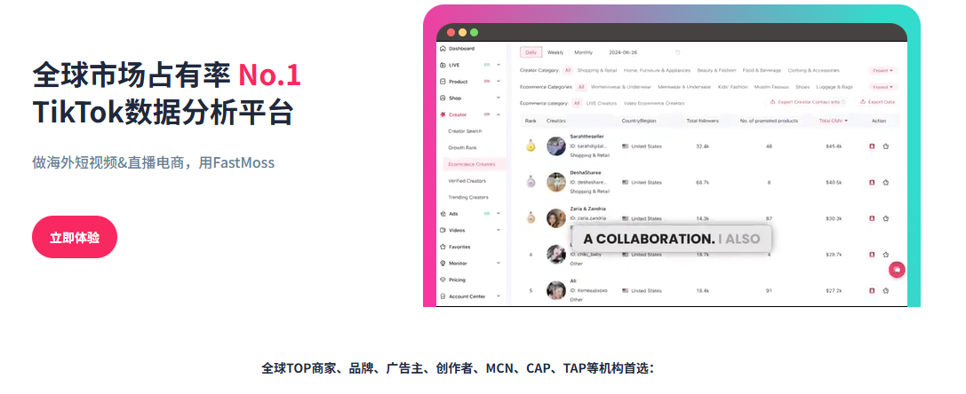 FastMoss:超过70万卖家的选择,全球领先的短视频直播数据分析工具