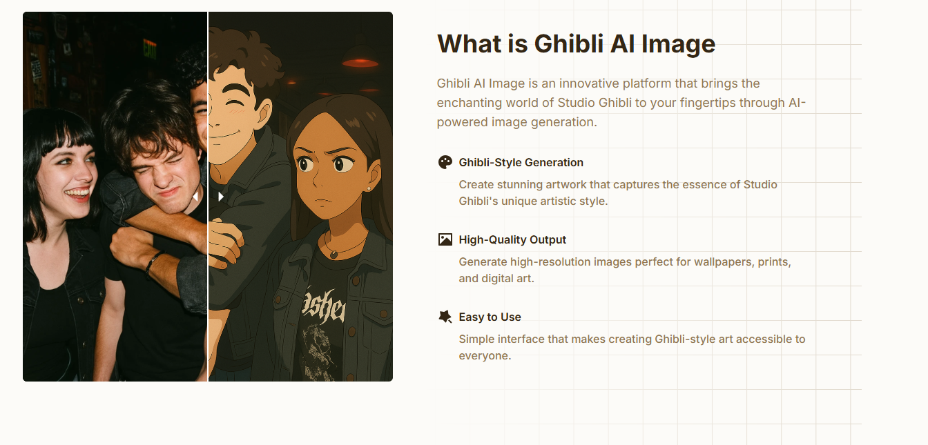 Ghibli AI Image:秒速还原吉卜力美学,照片/文字一键生成4K画作。