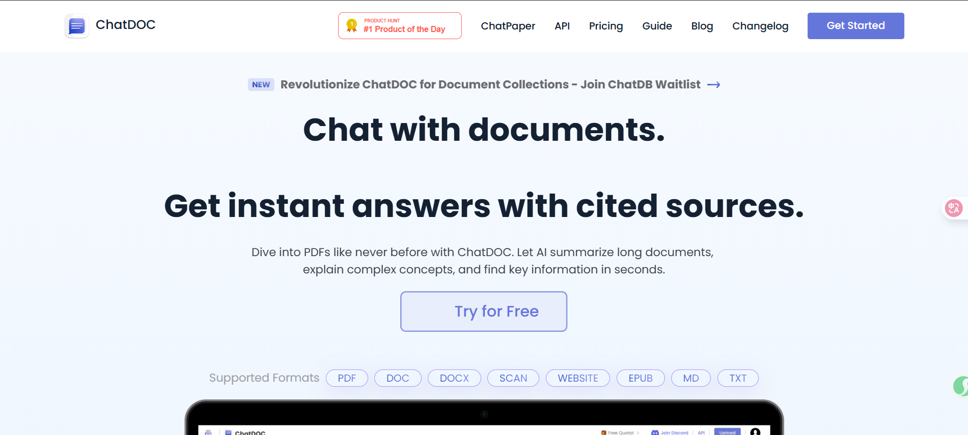 ChatDOC: AI 在几秒钟内概括长文档、解释复杂概念并找到关键信息。